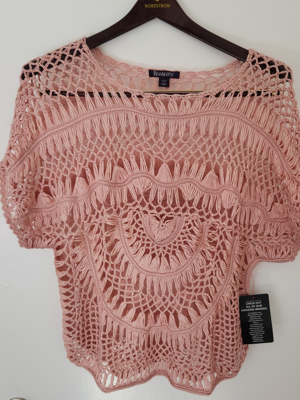 Roaman's Women's Pink Crochet Short Sleeve Top